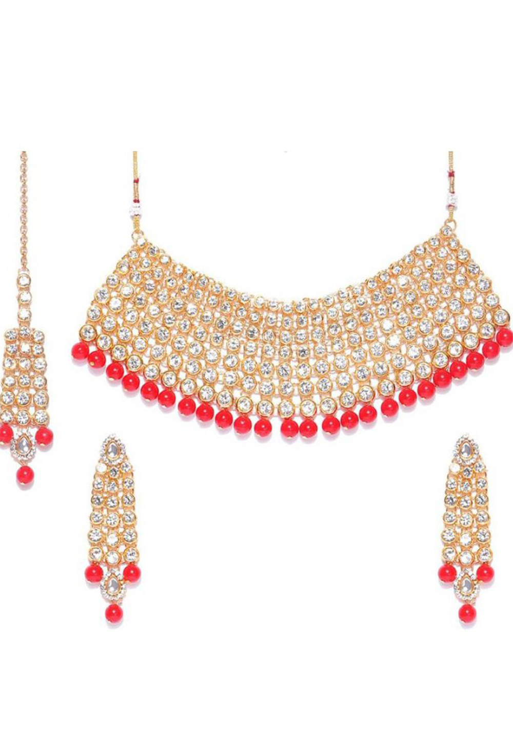 Red Alloy Austrian Diamond Necklace Set Earrings and Maang Tikka 198958