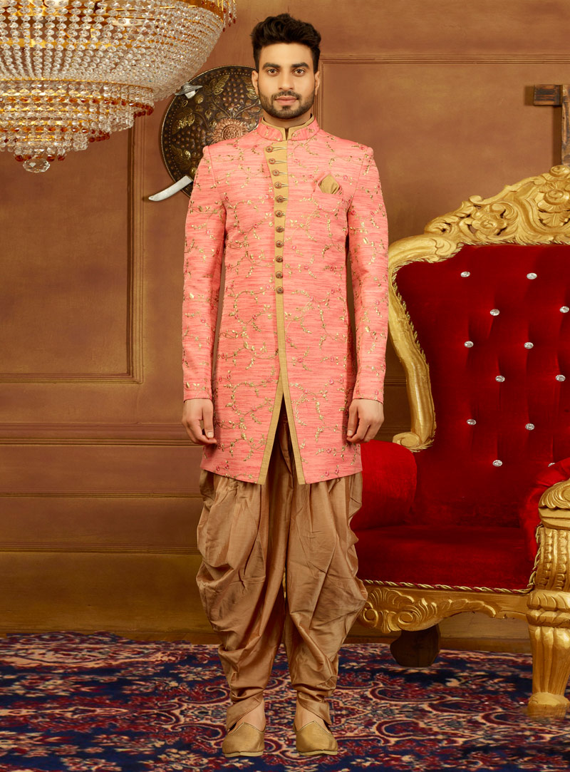 Pink Art Silk Readymade Dhoti Sherwani 146482
