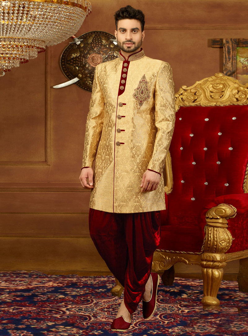 Golden Jacquard Readymade Dhoti Sherwani 146507