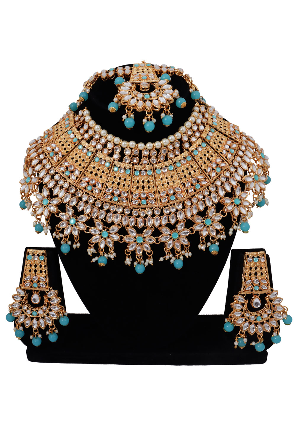 Sky Blue Alloy Austrian Diamonds and Kundan Necklace Set With Earrings and Maang Tikka 272618