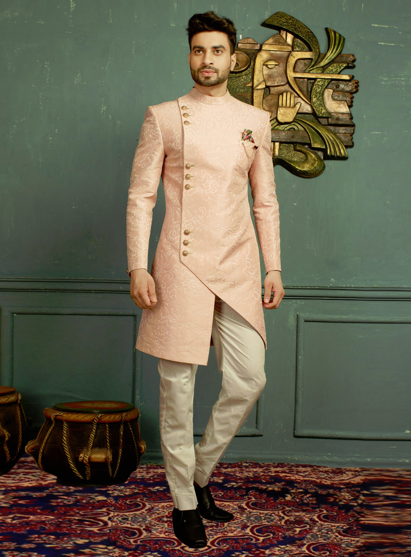 Light Pink Jacquard Readymade Indo Western Sherwani 146520