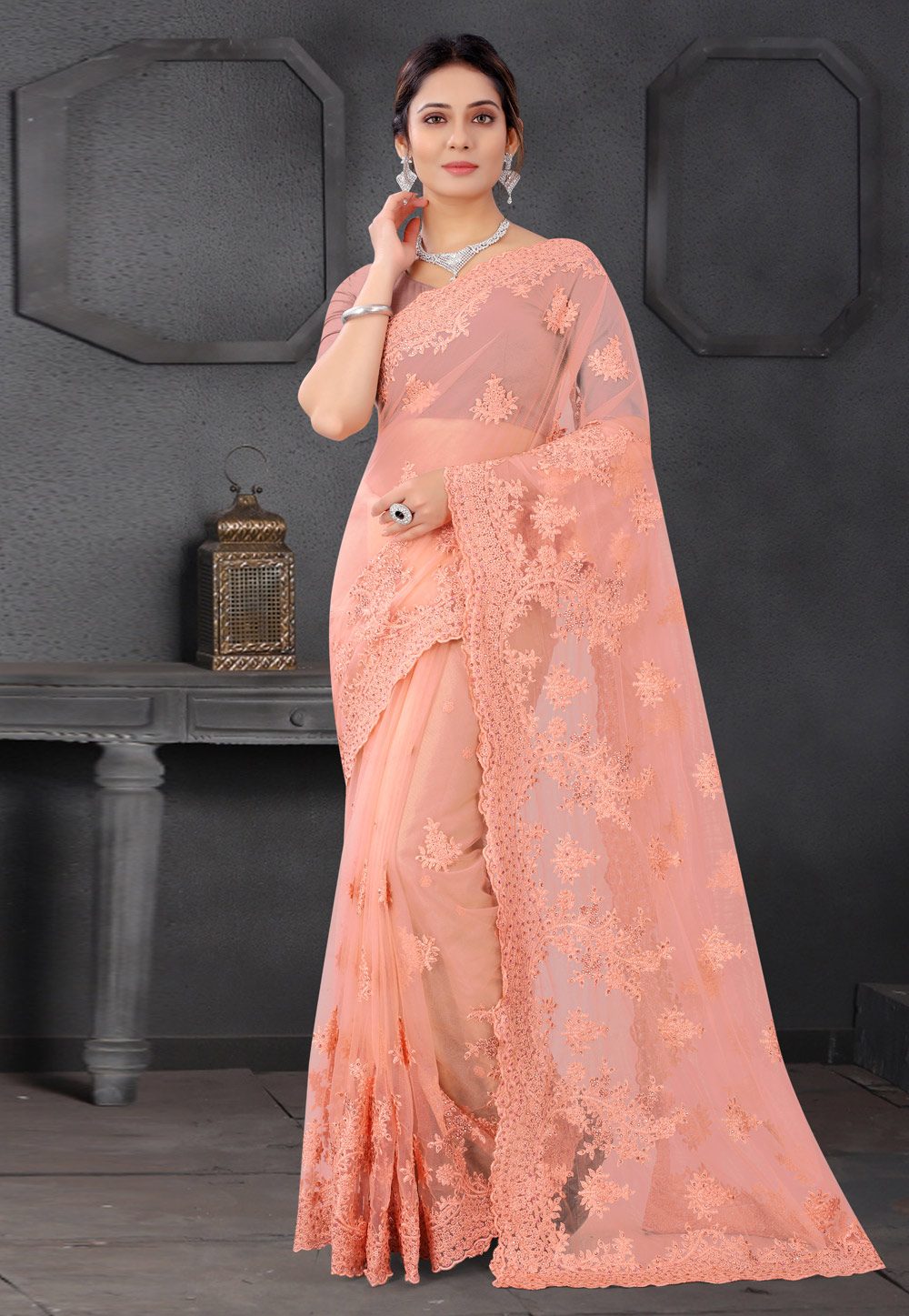 Buy Peach Embroidered Saree With Maroon Blouse | Designer Wear
