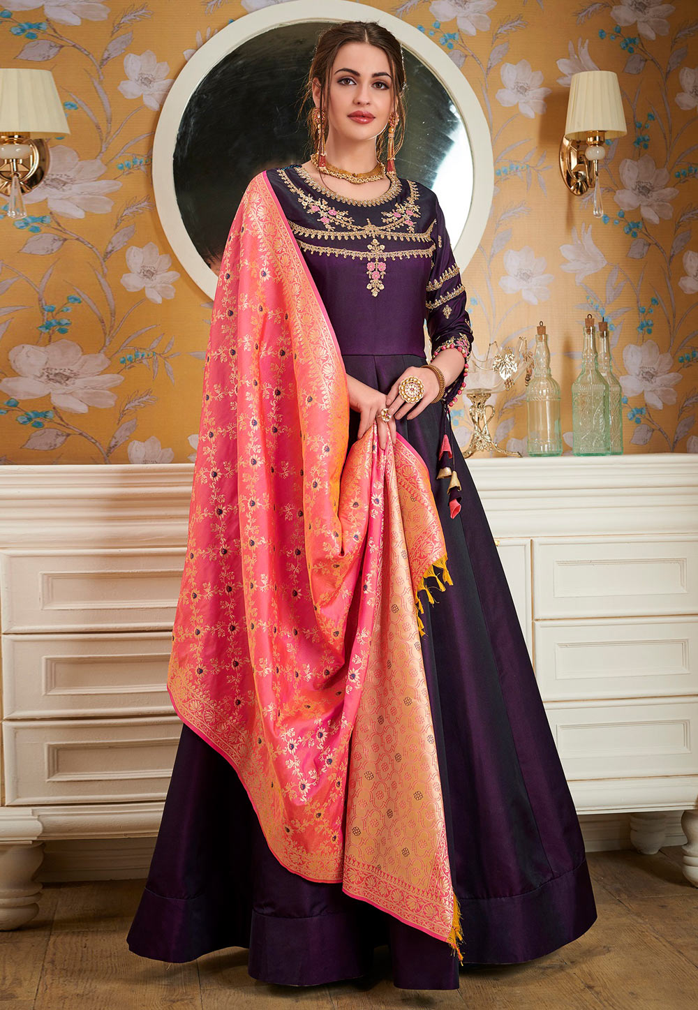 Purple Silk Readymade Ankle Length Anarkali Suit 156629