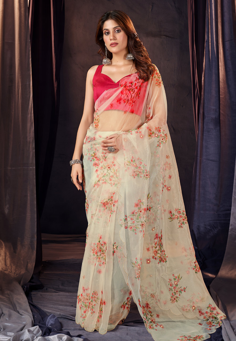 Cream Organza Light Weight Saree 265585