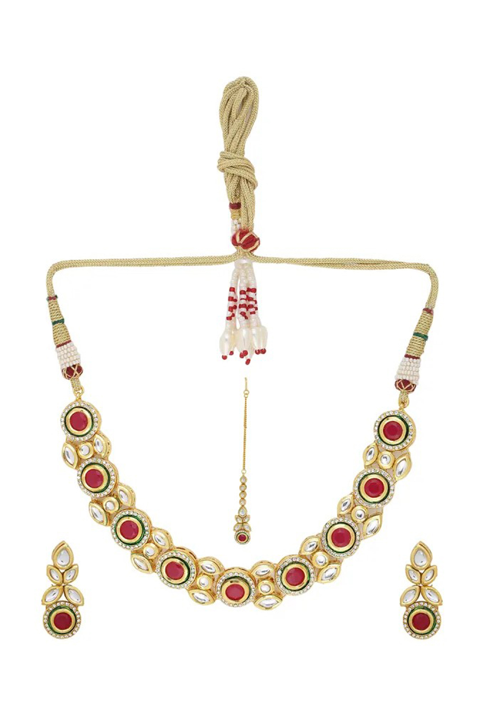 Red Alloy Austrian Diamond Necklace Set Earrings and Maang Tikka 198967