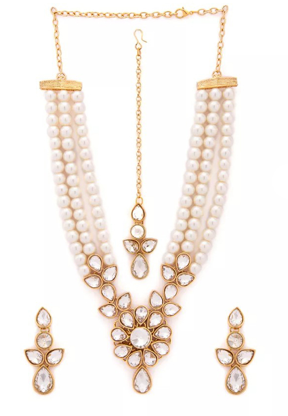 White Alloy Austrian Diamond Necklace Set Earrings and Maang Tikka 198968