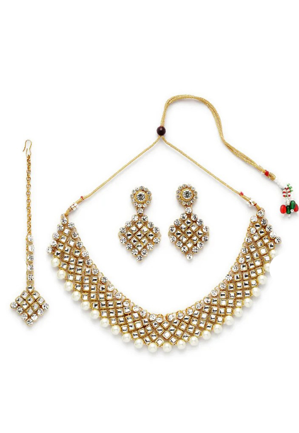 White Alloy Austrian Diamond Necklace Set Earrings and Maang Tikka 198971