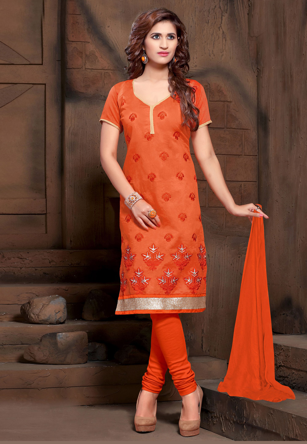 Orange Silk Churidar Salwar Suit 209214