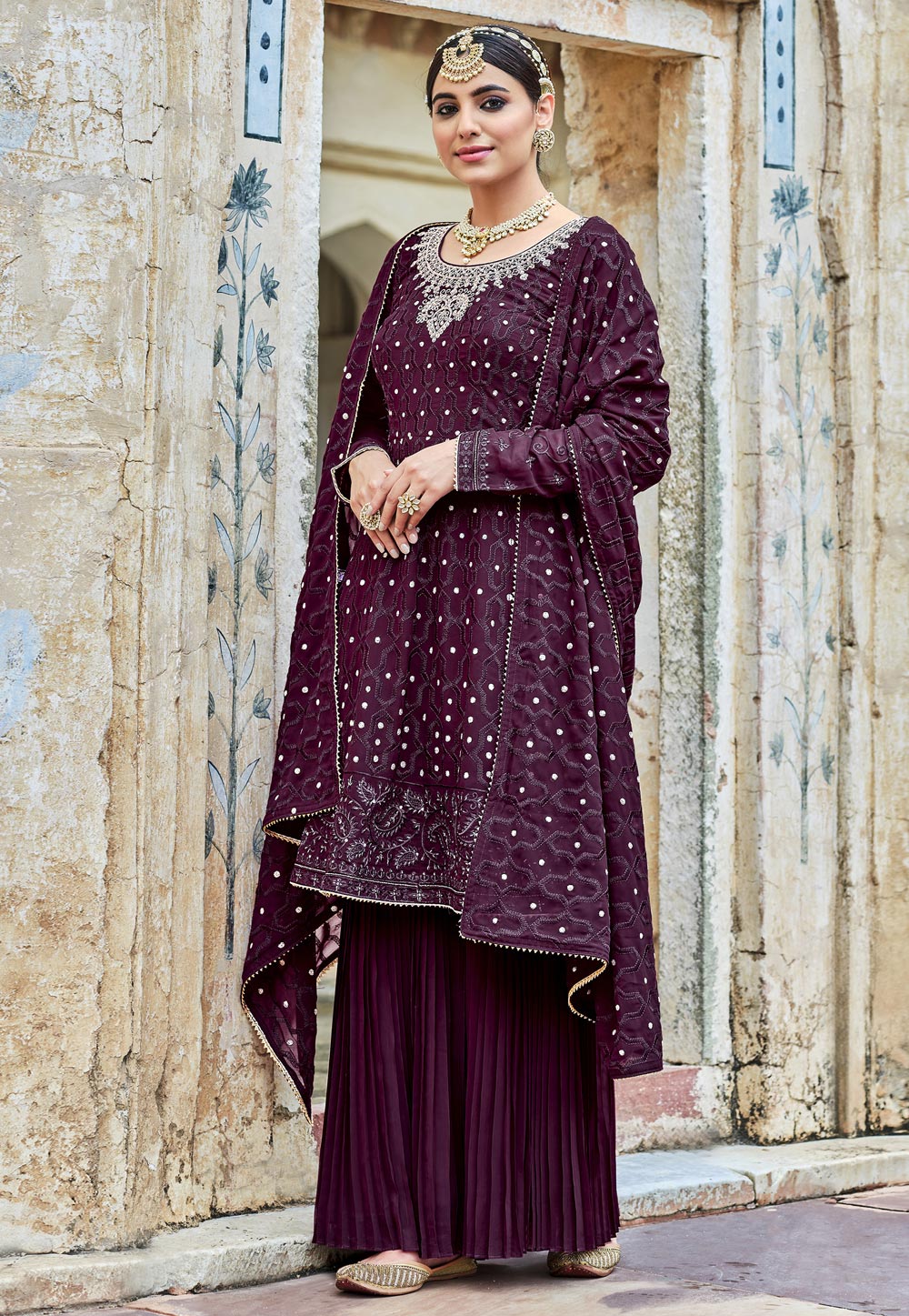 Purple Georgette Embroidered Sharara Suit 233037