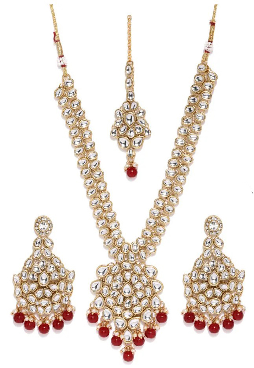 Red Alloy Austrian Diamond Necklace Set Earrings and Maang Tikka 198973
