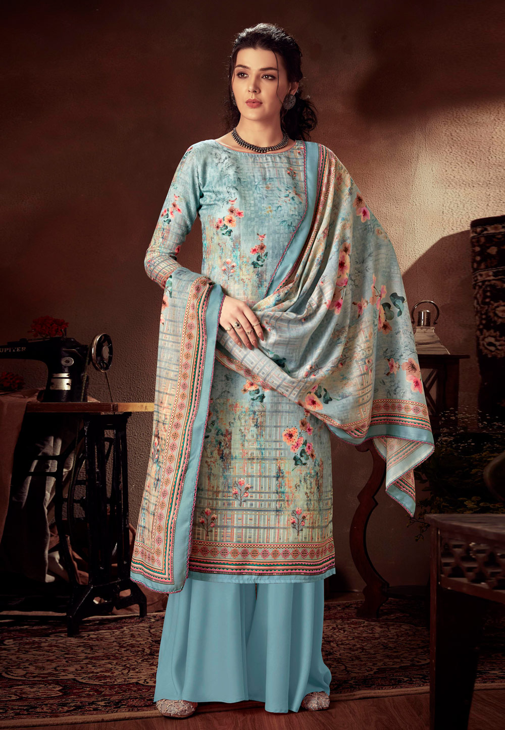 Sky Blue Pashmina Kameez With Palazzo 209224