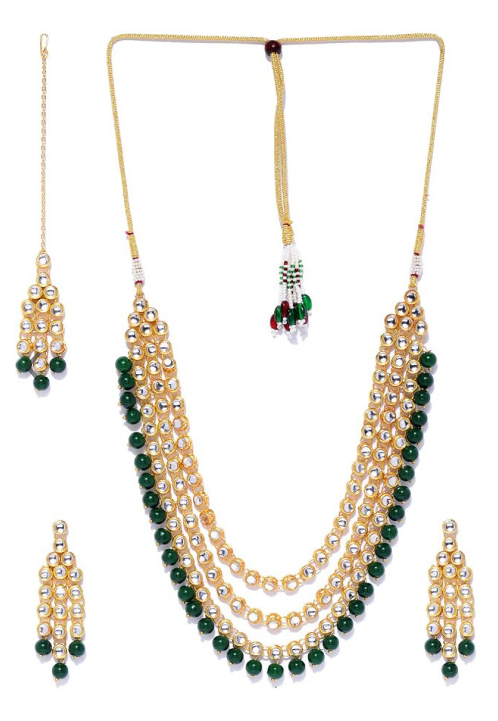 Green Alloy Austrian Diamond Necklace Set Earrings and Maang Tikka 198974