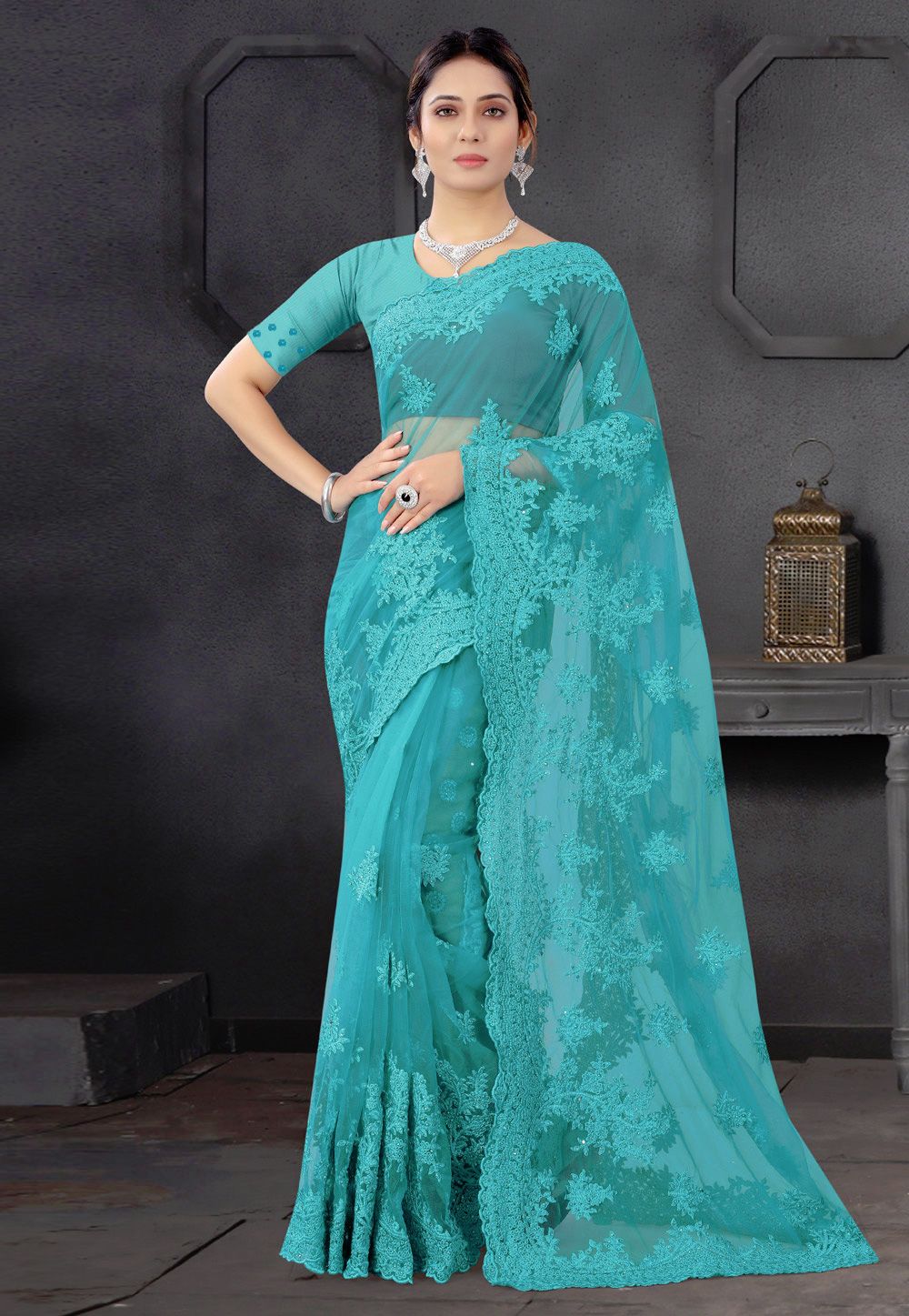 Turquoise Net Festival Wear Saree 234286