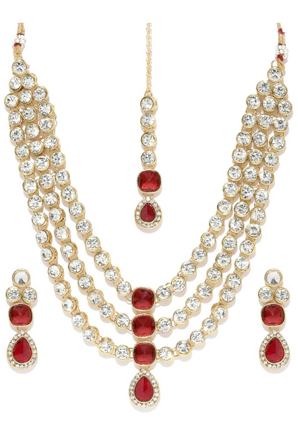 Red Alloy Austrian Diamond Necklace Set Earrings and Maang Tikka 198977