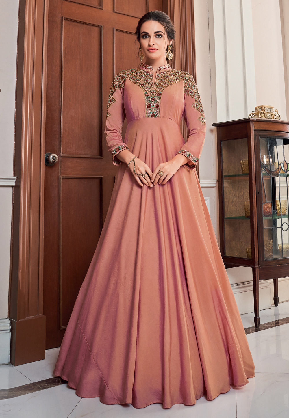 Peach Silk Embroidered Readymade Gown 198888