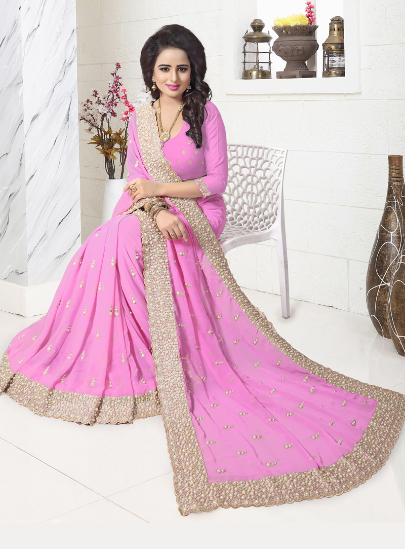 Pink Georgette Patch Lace Work Saree 117204