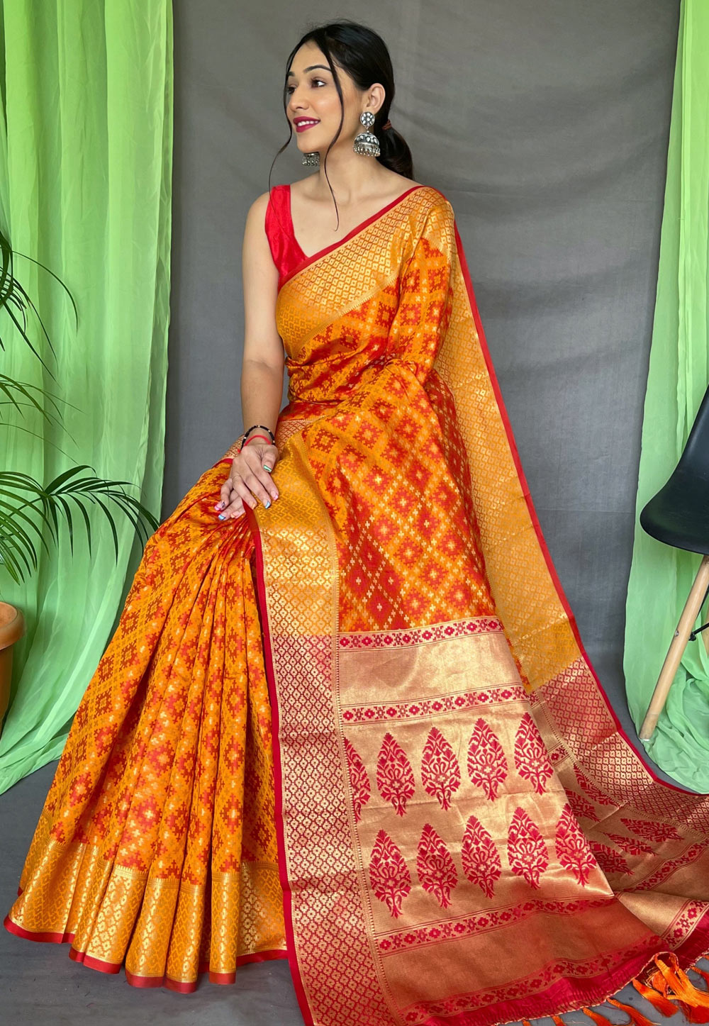 Orange Pure Silk Saree With Colorful Green Border And Green Colored Blouse  | Cash On Delivery Available, Throughout India