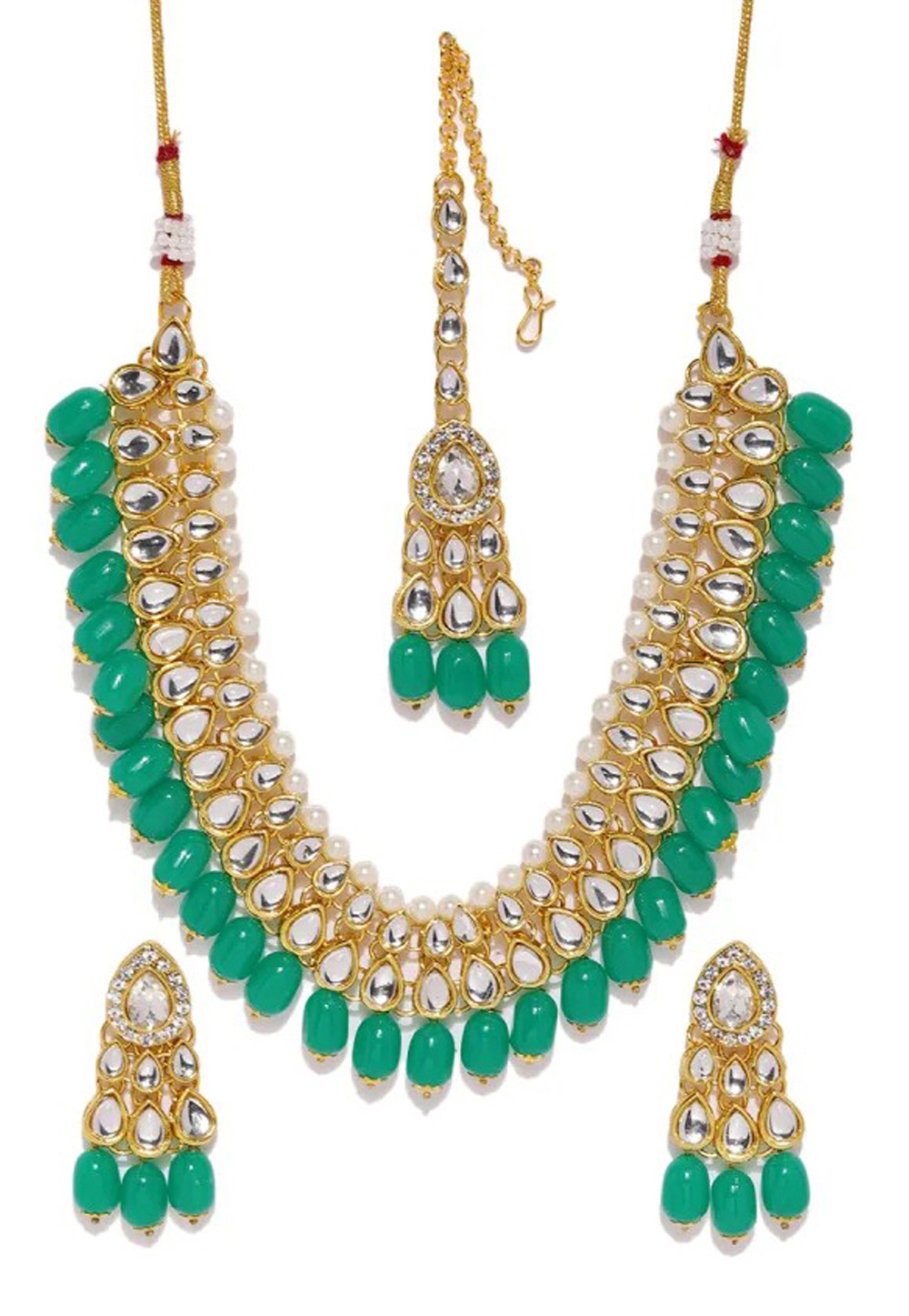 Green Alloy Austrian Diamond Necklace Set Earrings and Maang Tikka 198981