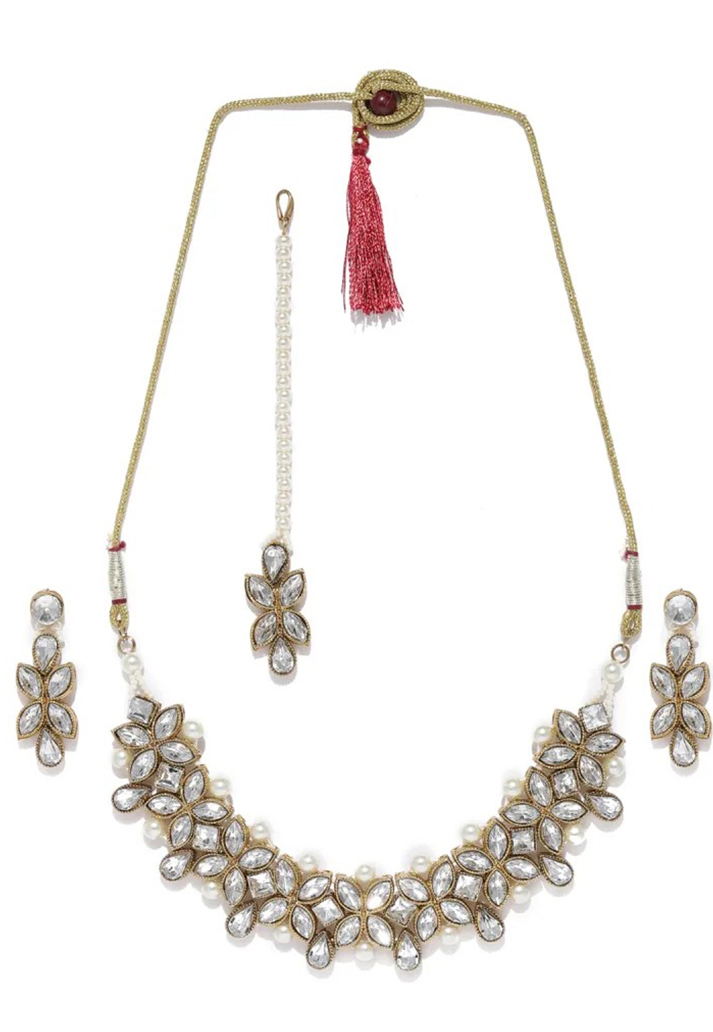 White Alloy Austrian Diamond Necklace Set Earrings and Maang Tikka 198982
