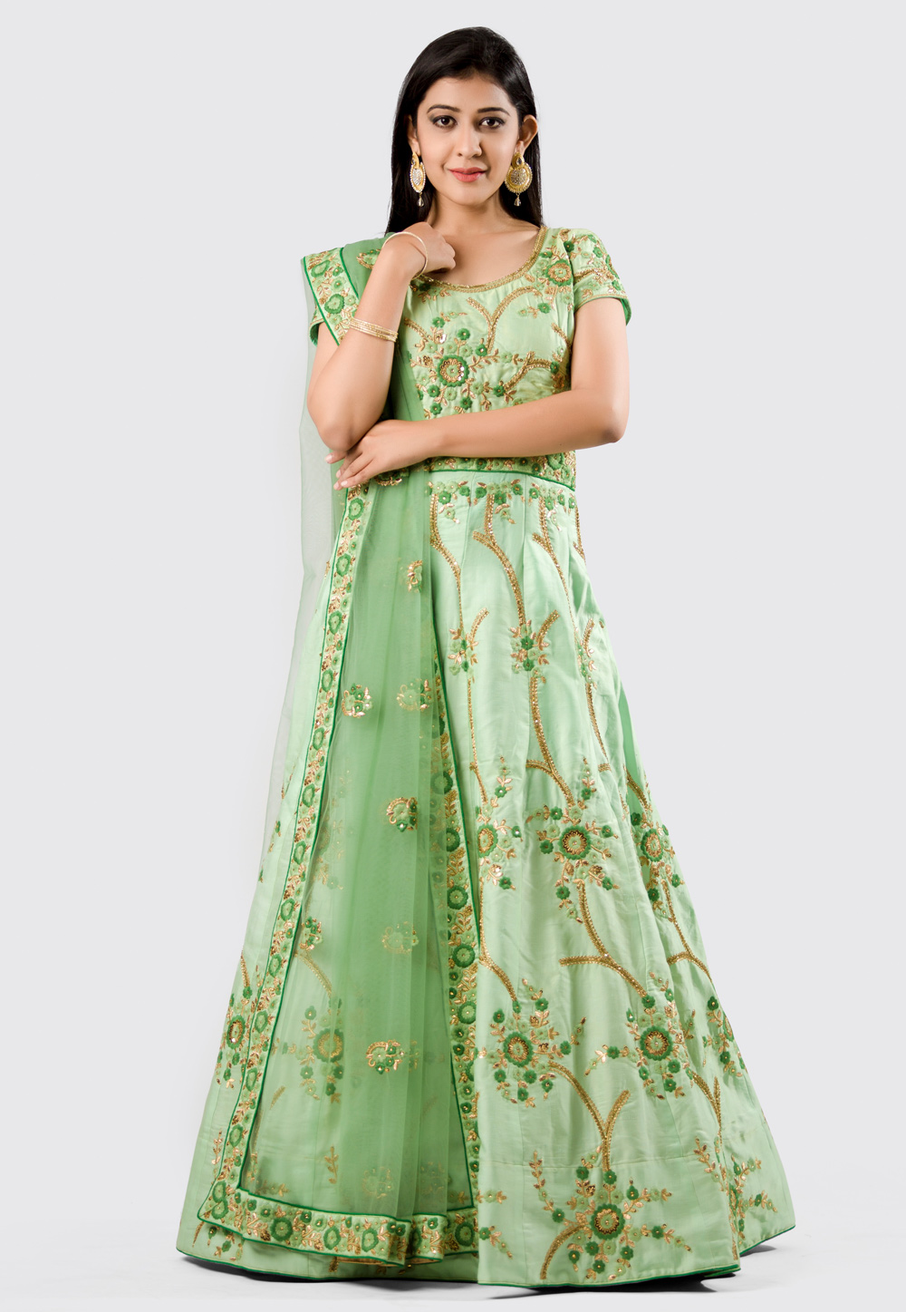 Light Green Silk Long Anarkali Suit 154584