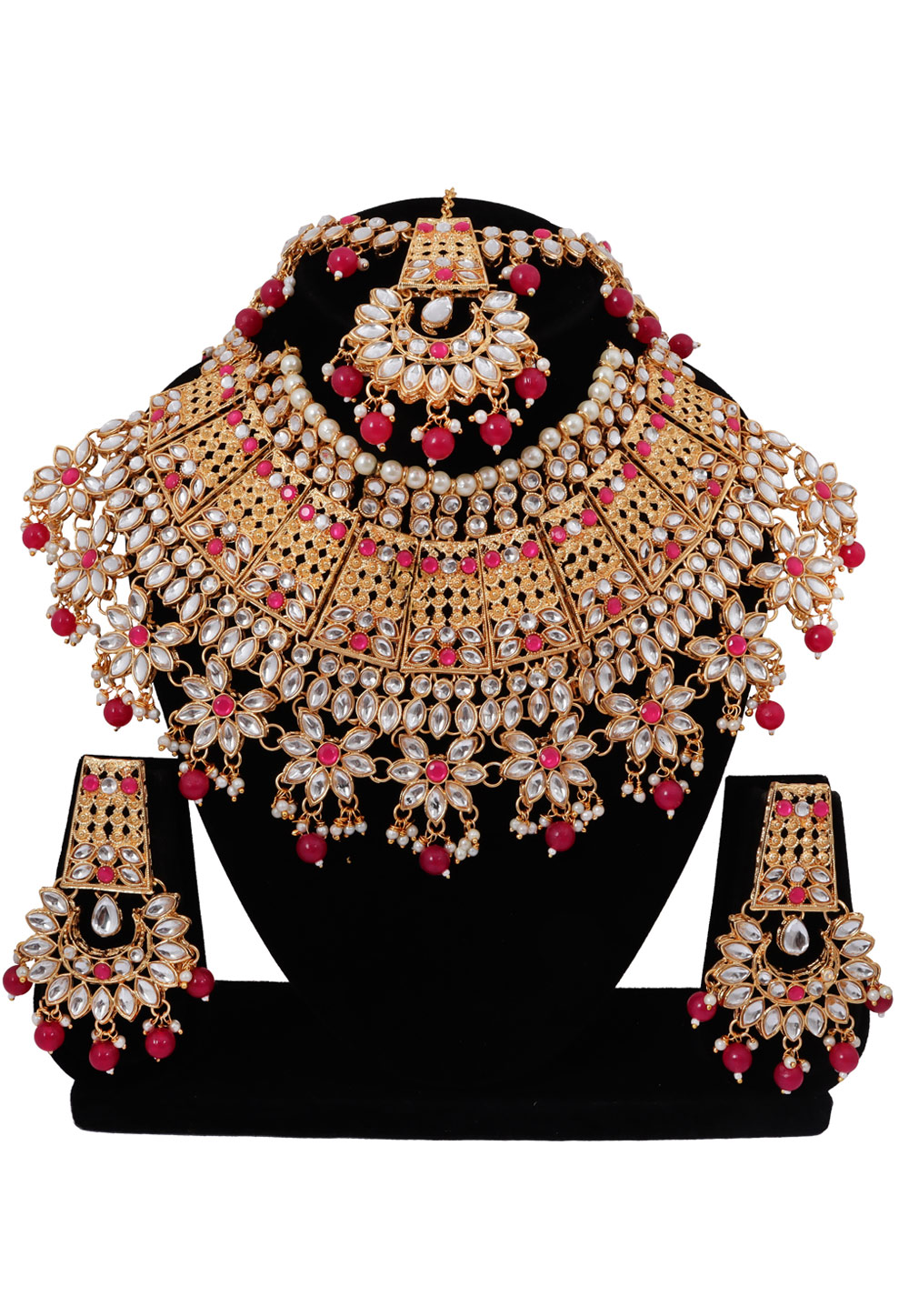 Red Alloy Austrian Diamonds and Kundan Necklace Set With Earrings and Maang Tikka 272620