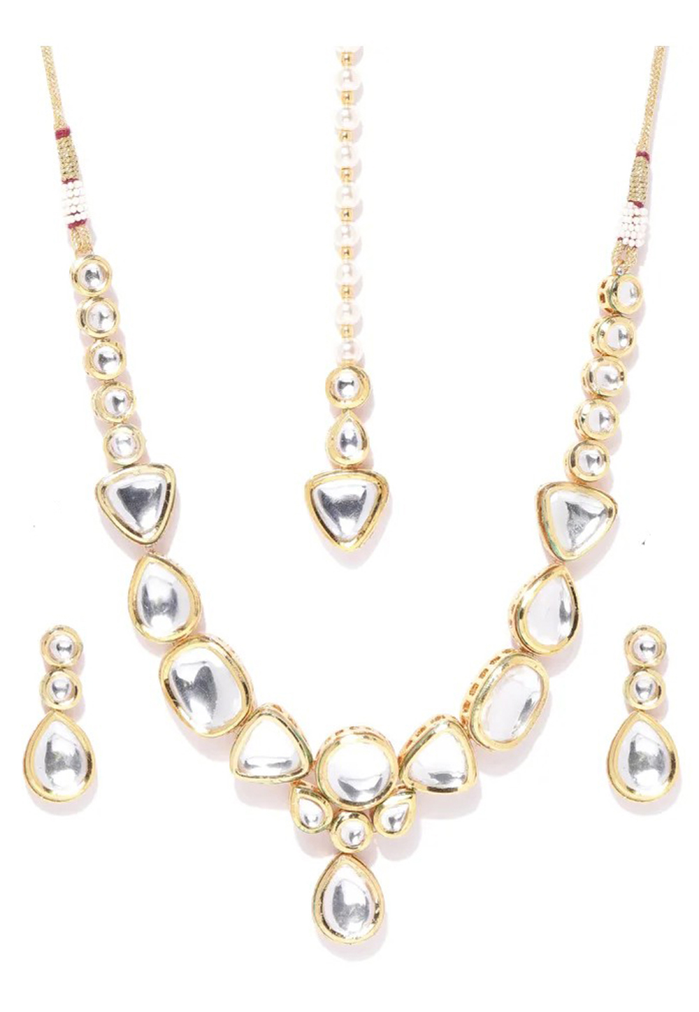 White Alloy Austrian Diamond Necklace Set Earrings and Maang Tikka 198984