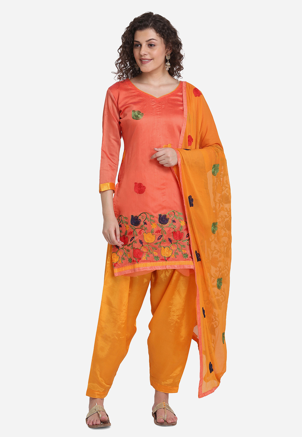 Orange Chanderi Cotton Patiala Suit 209455
