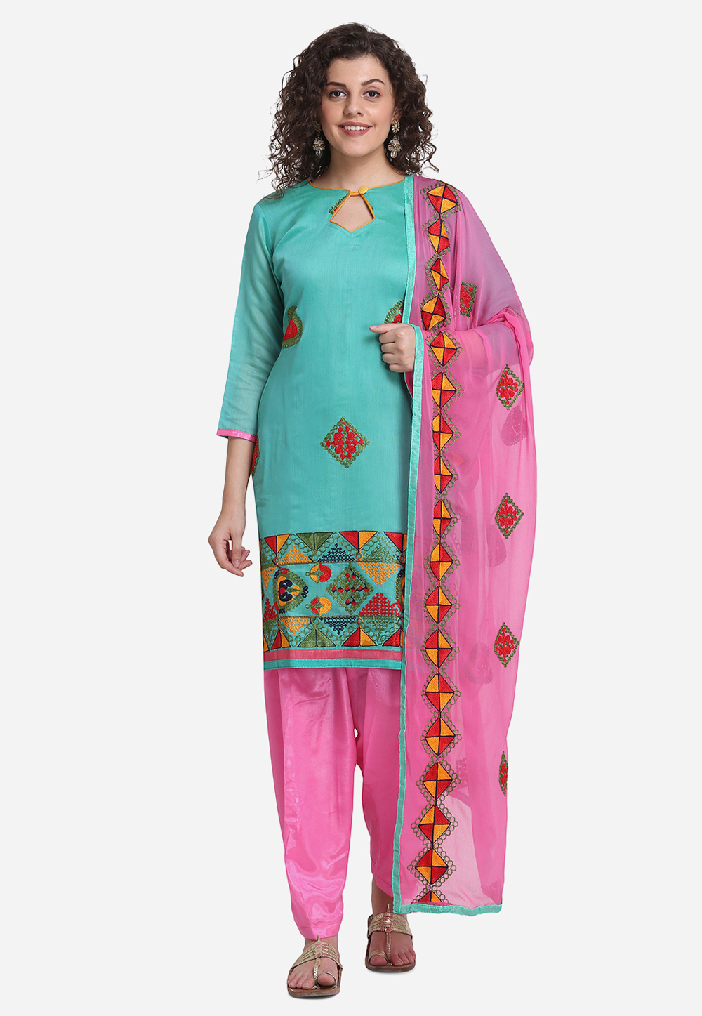 Turquoise Chanderi Cotton Punjabi Suit 209458