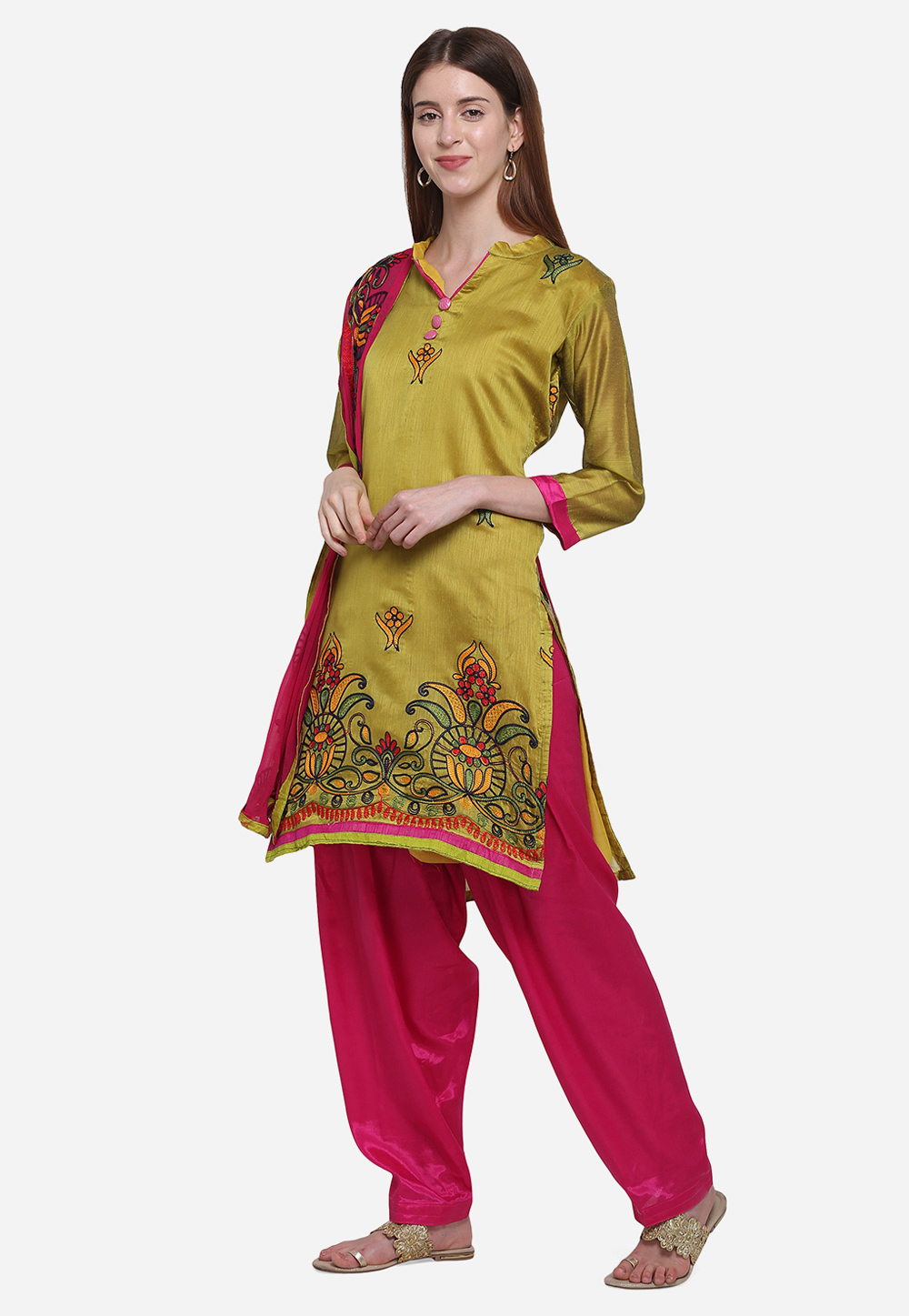 Mehndi Chanderi Cotton Patiala Suit 209459