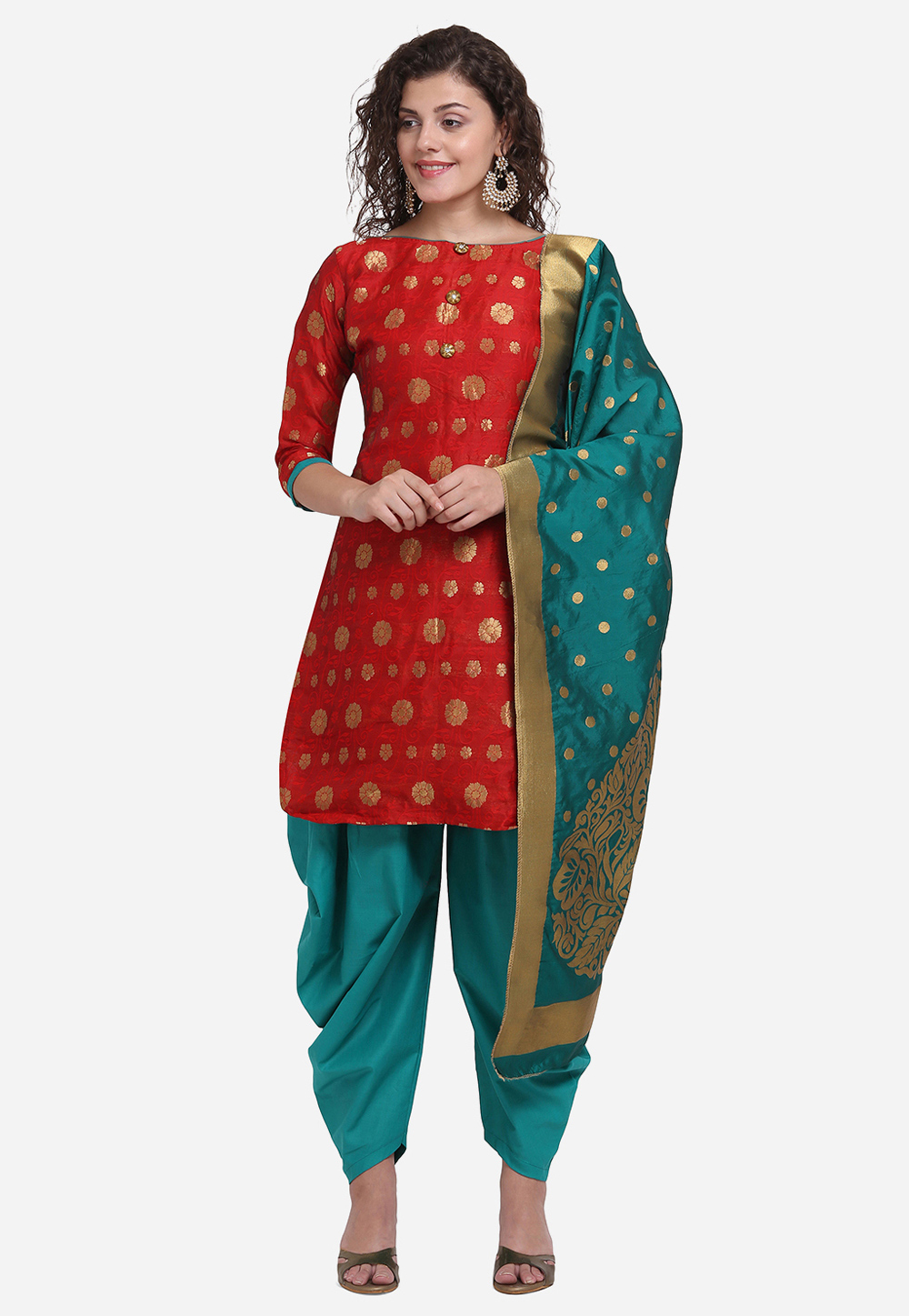 Red Jacquard Dhoti Salwar Suit 209470
