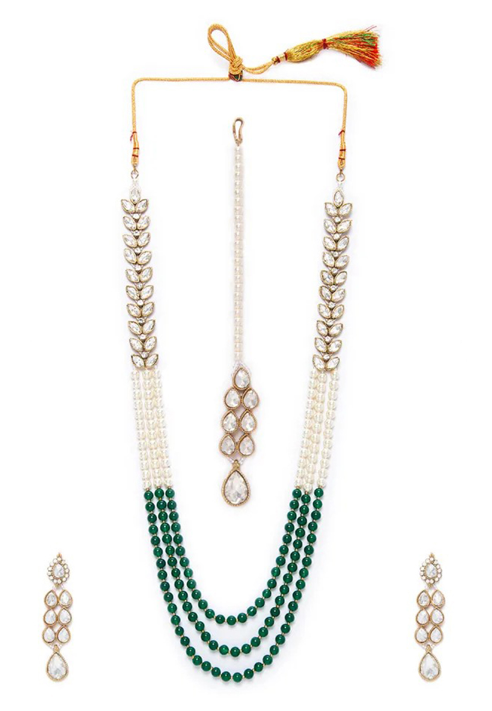 Green Alloy Austrian Diamond Necklace Set Earrings and Maang Tikka 198987