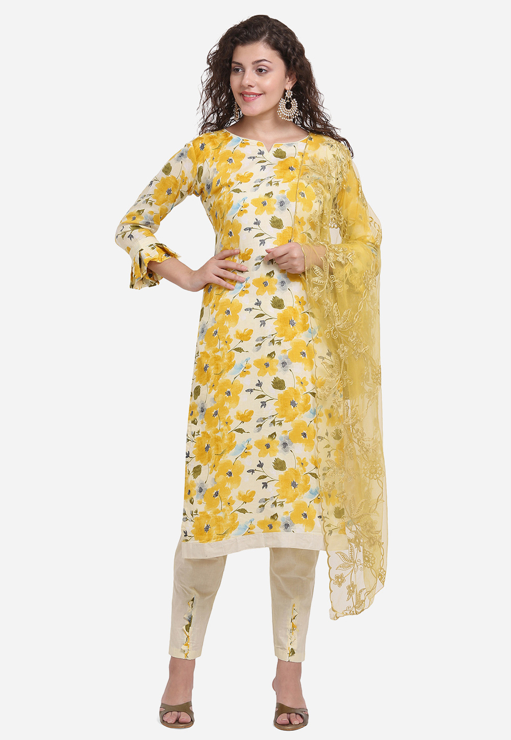 Yellow Cambric Cotton Kameez With Pant 209475
