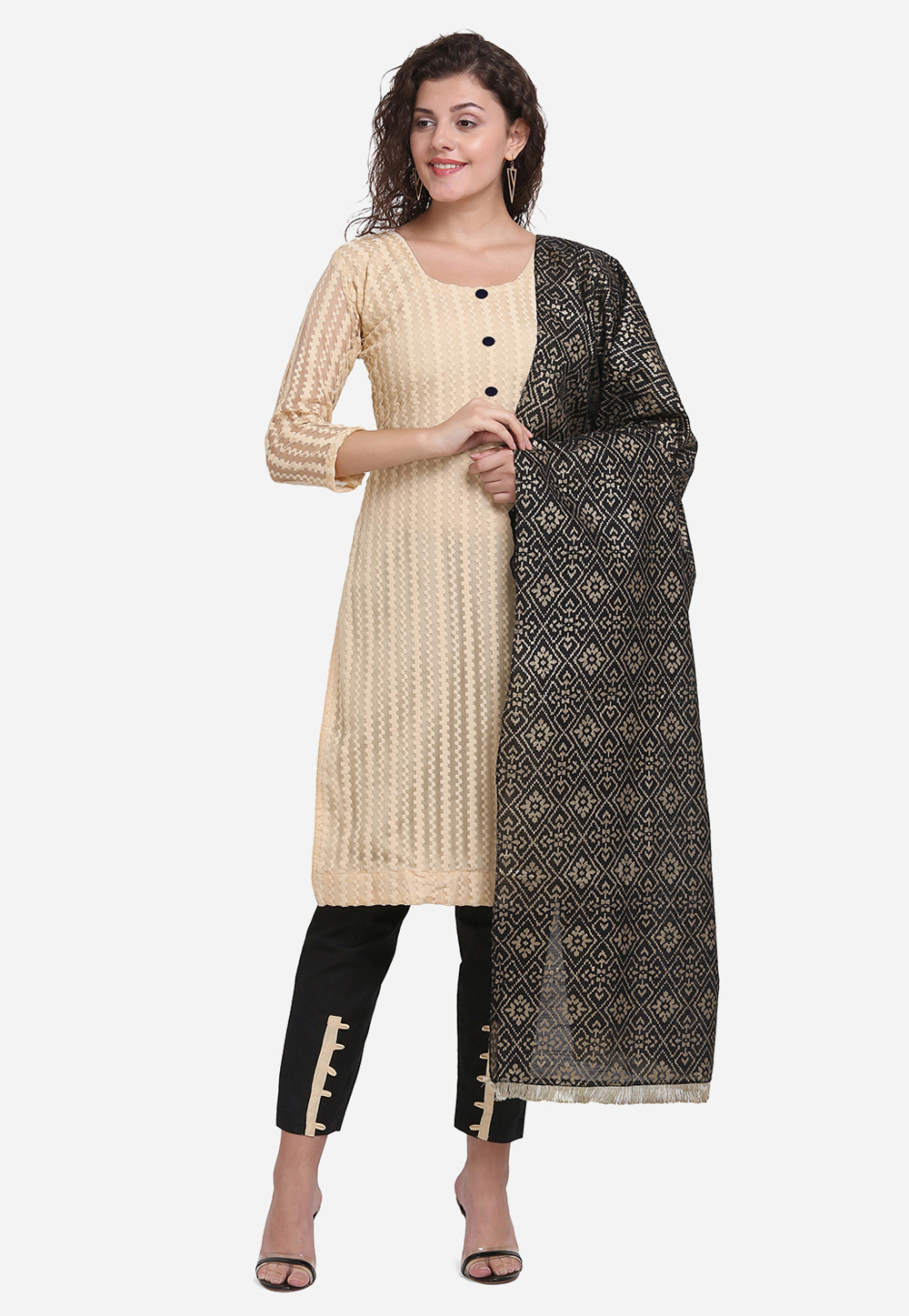 Cream Net Kameez With Pant 209480