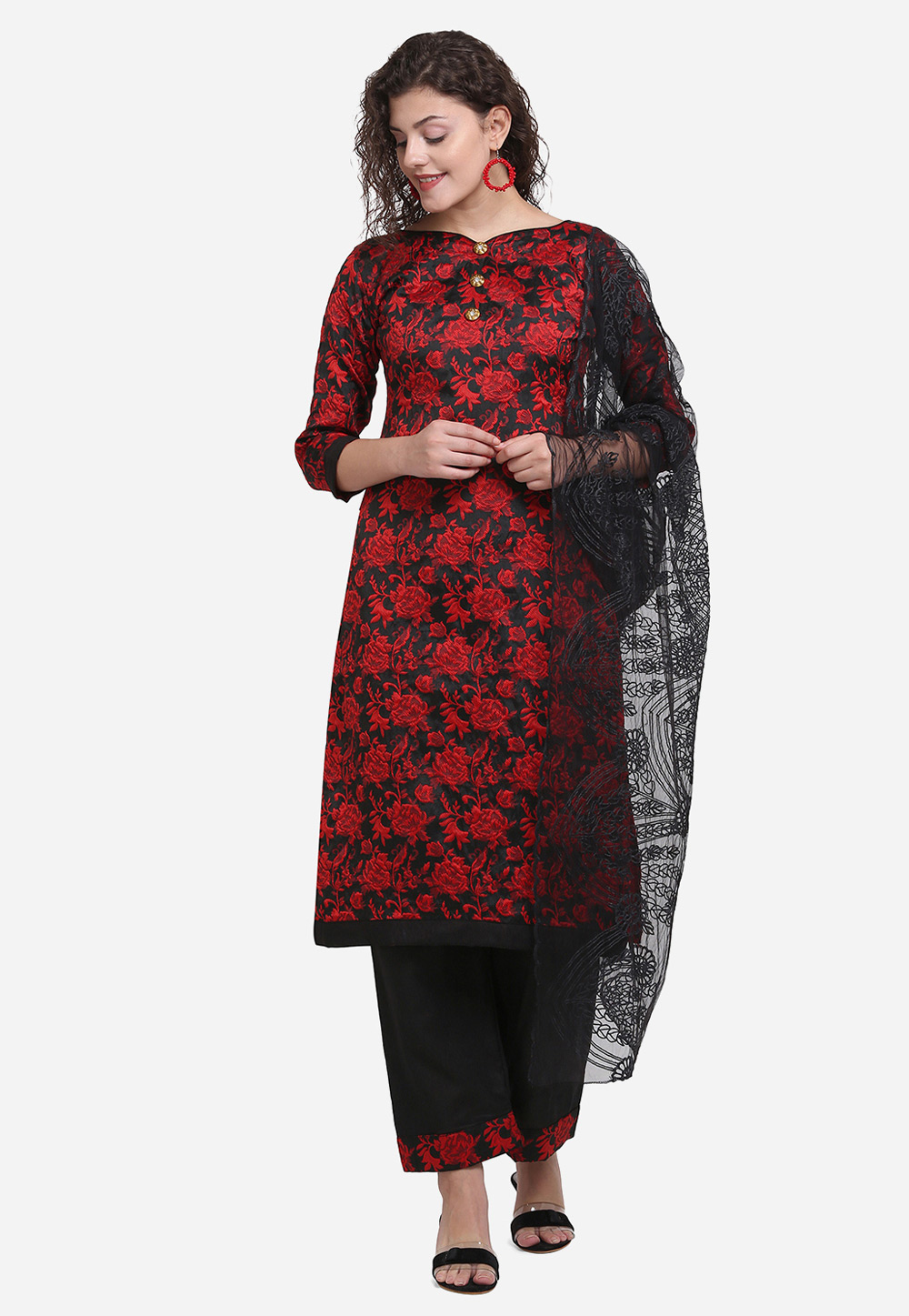 Red Jacquard Kameez With Palazzo 209483