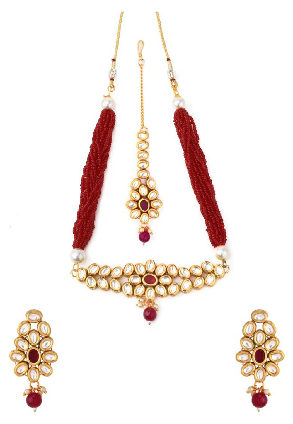 Red Alloy Austrian Diamond Necklace Set Earrings and Maang Tikka 198992