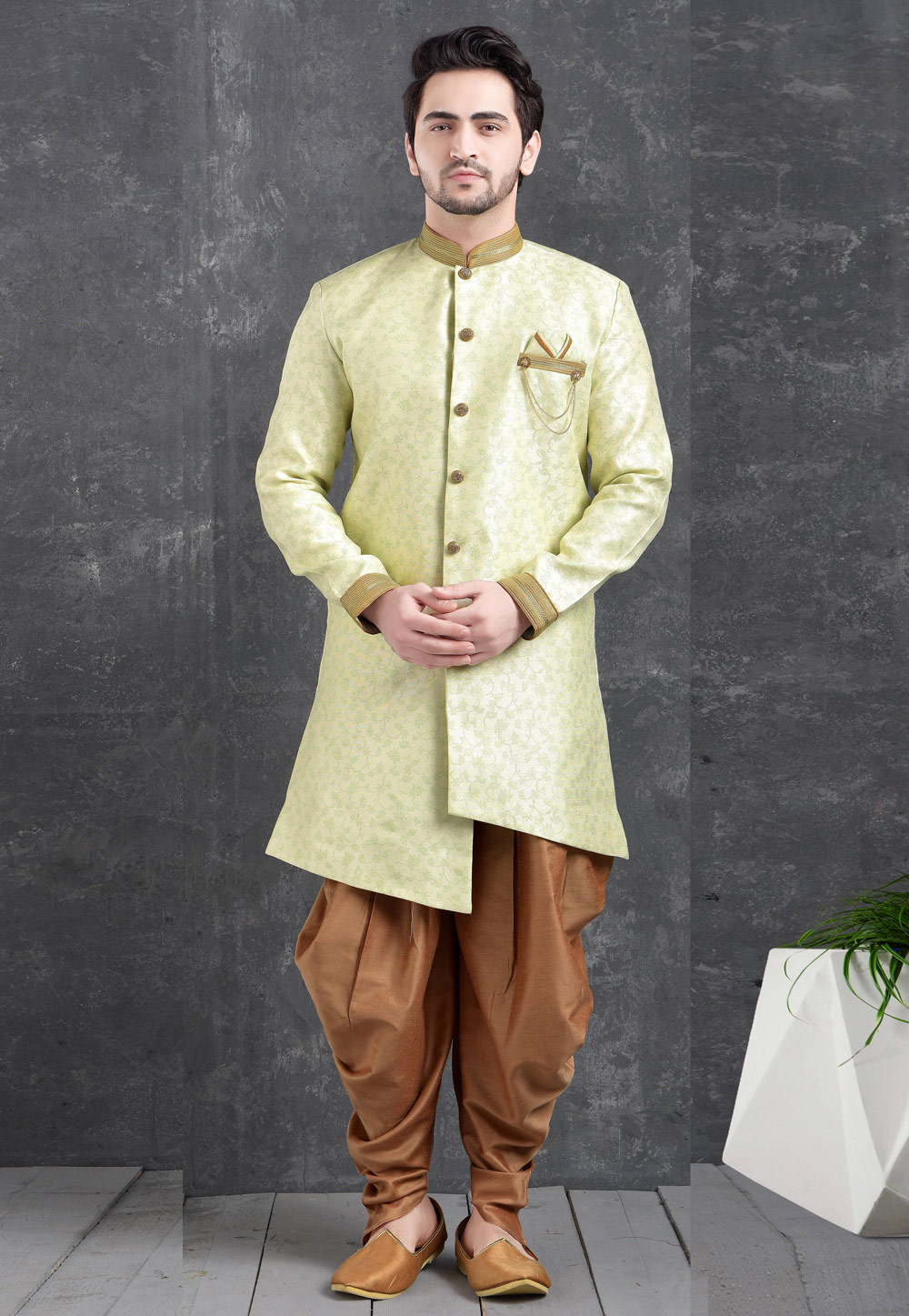Light Green Jacquard Silk Indo Western Suit 222454