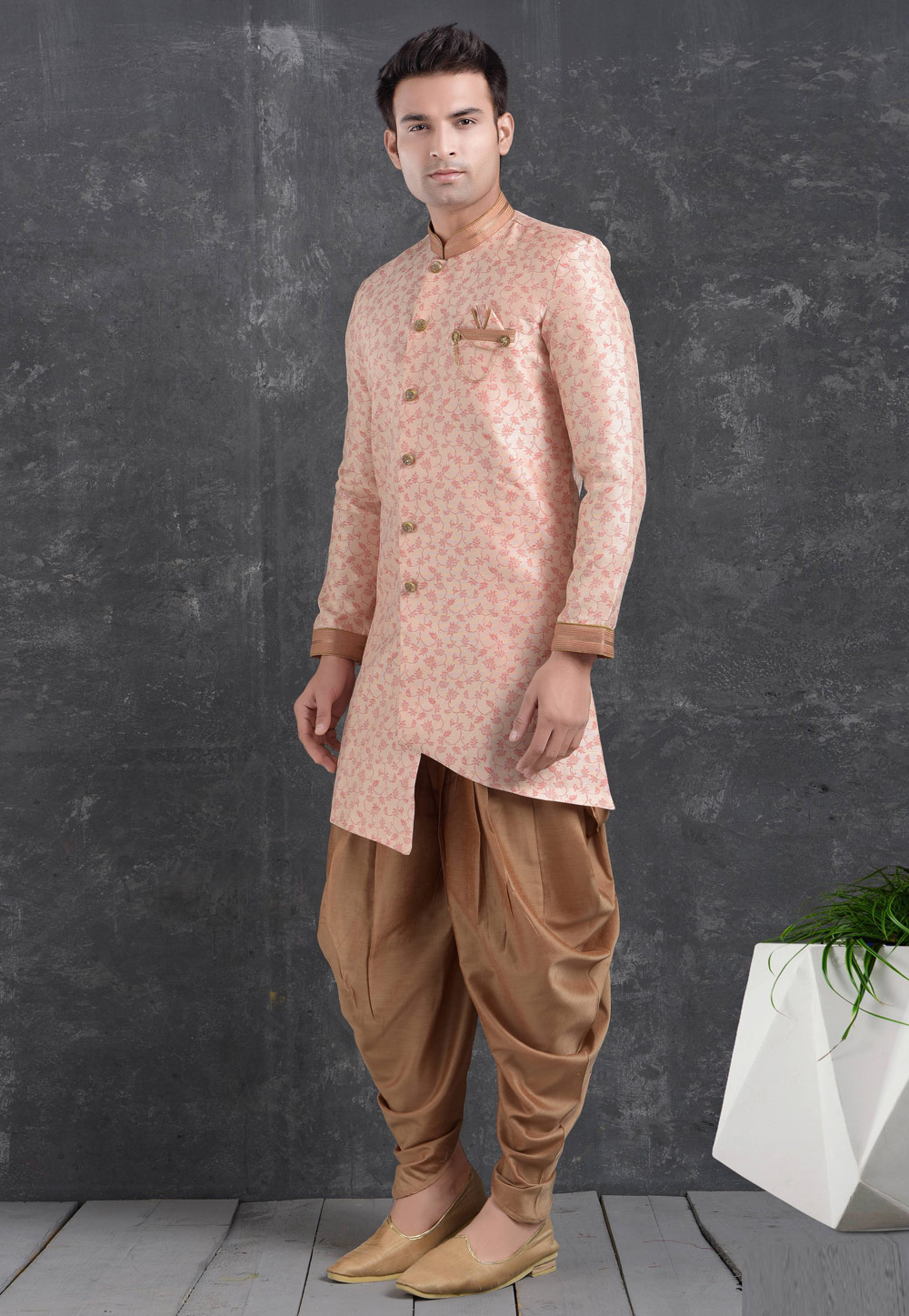 Pink Jacquard Silk Indo Western Suit 222455