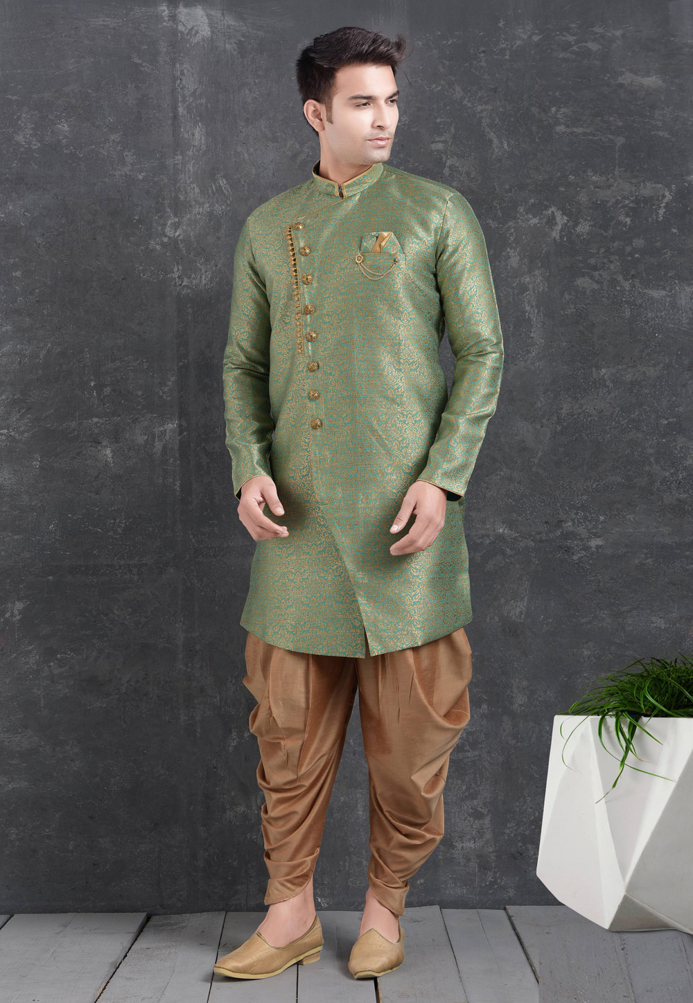 Green Jacquard Silk Indo Western Suit 222456