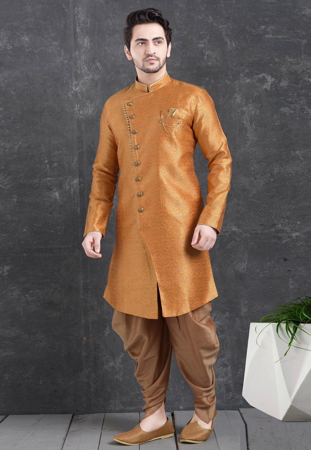Orange Jacquard Silk Indo Western Suit 222457