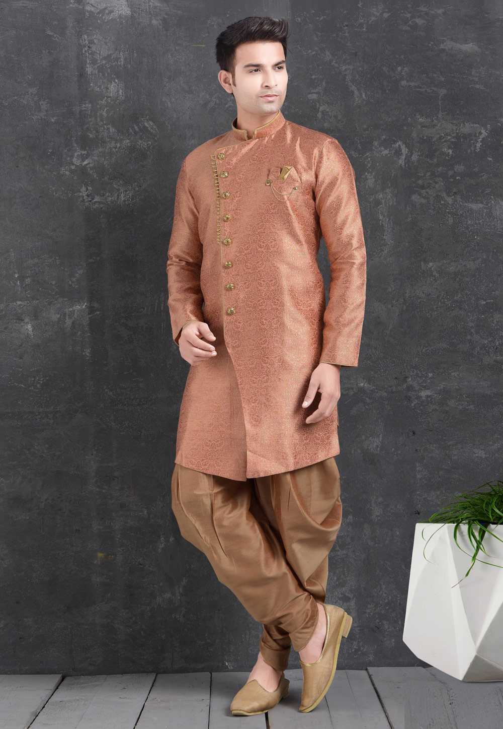 Pink Jacquard Silk Indo Western Suit 222458