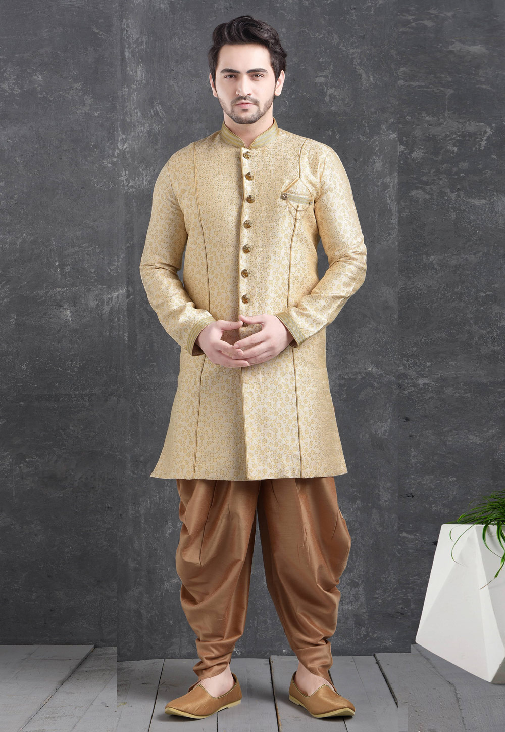 Beige Jacquard Silk Indo Western Suit 222459