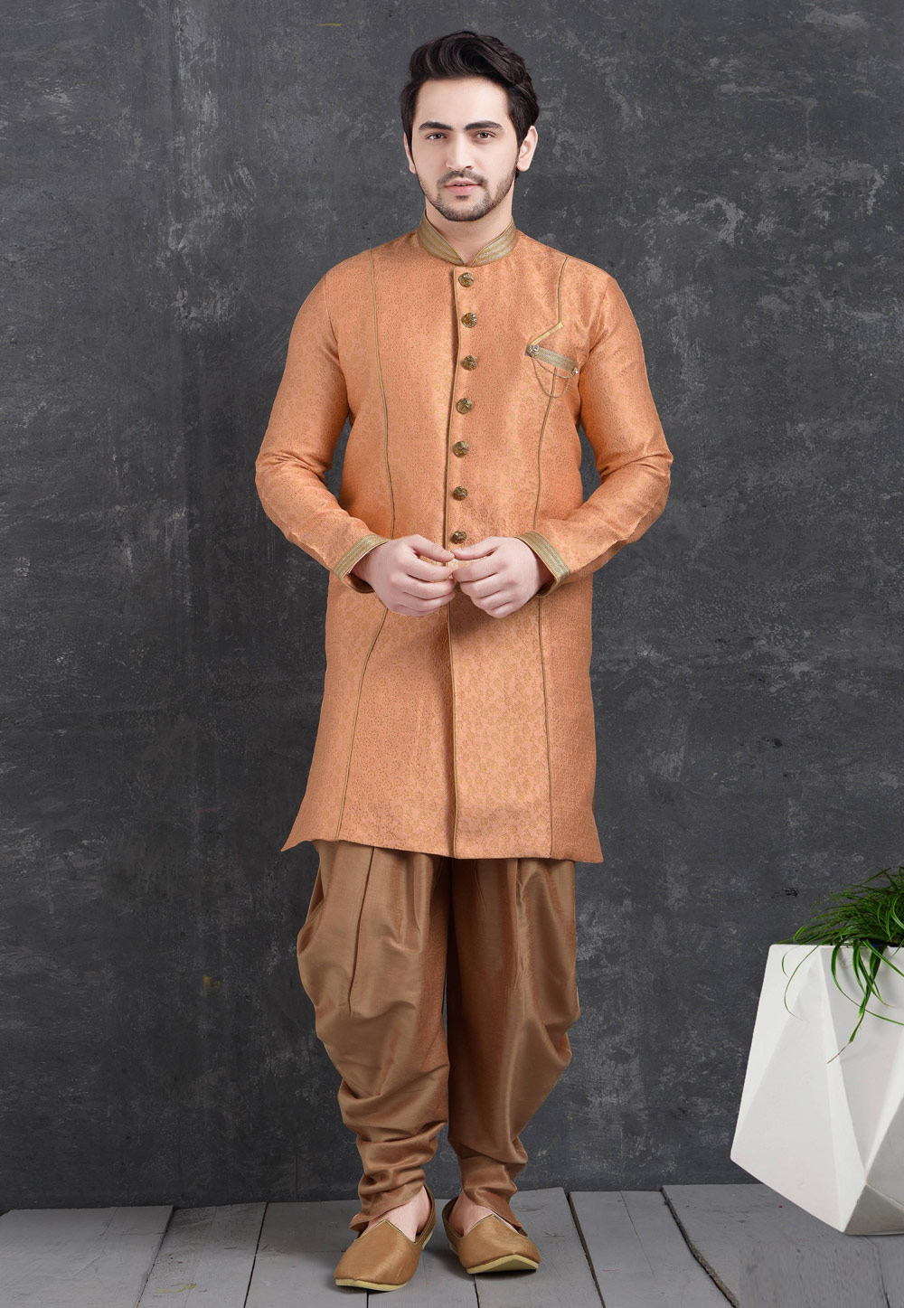 Orange Jacquard Silk Indo Western Suit 222460