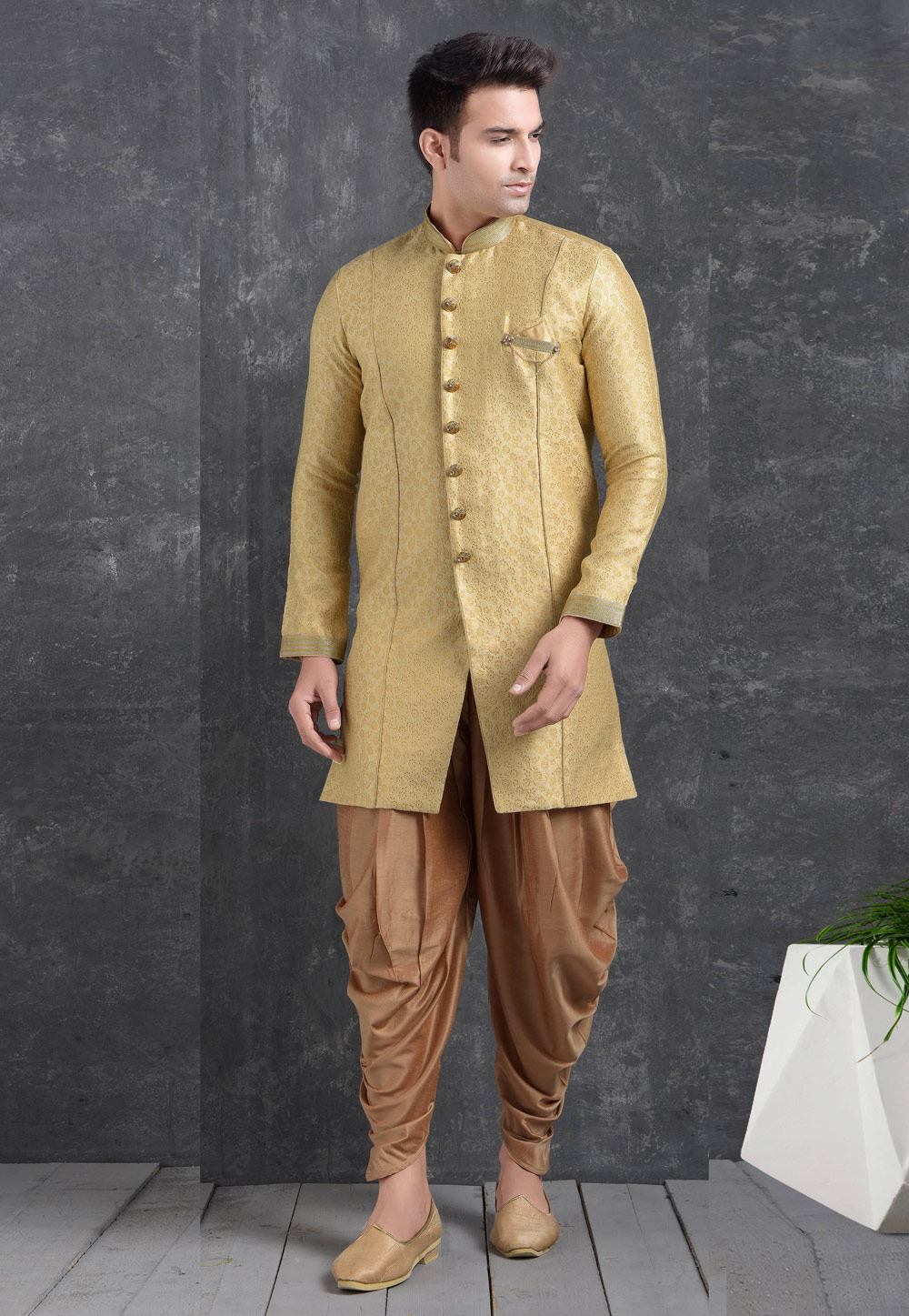 Beige Jacquard Silk Indo Western Suit 222461