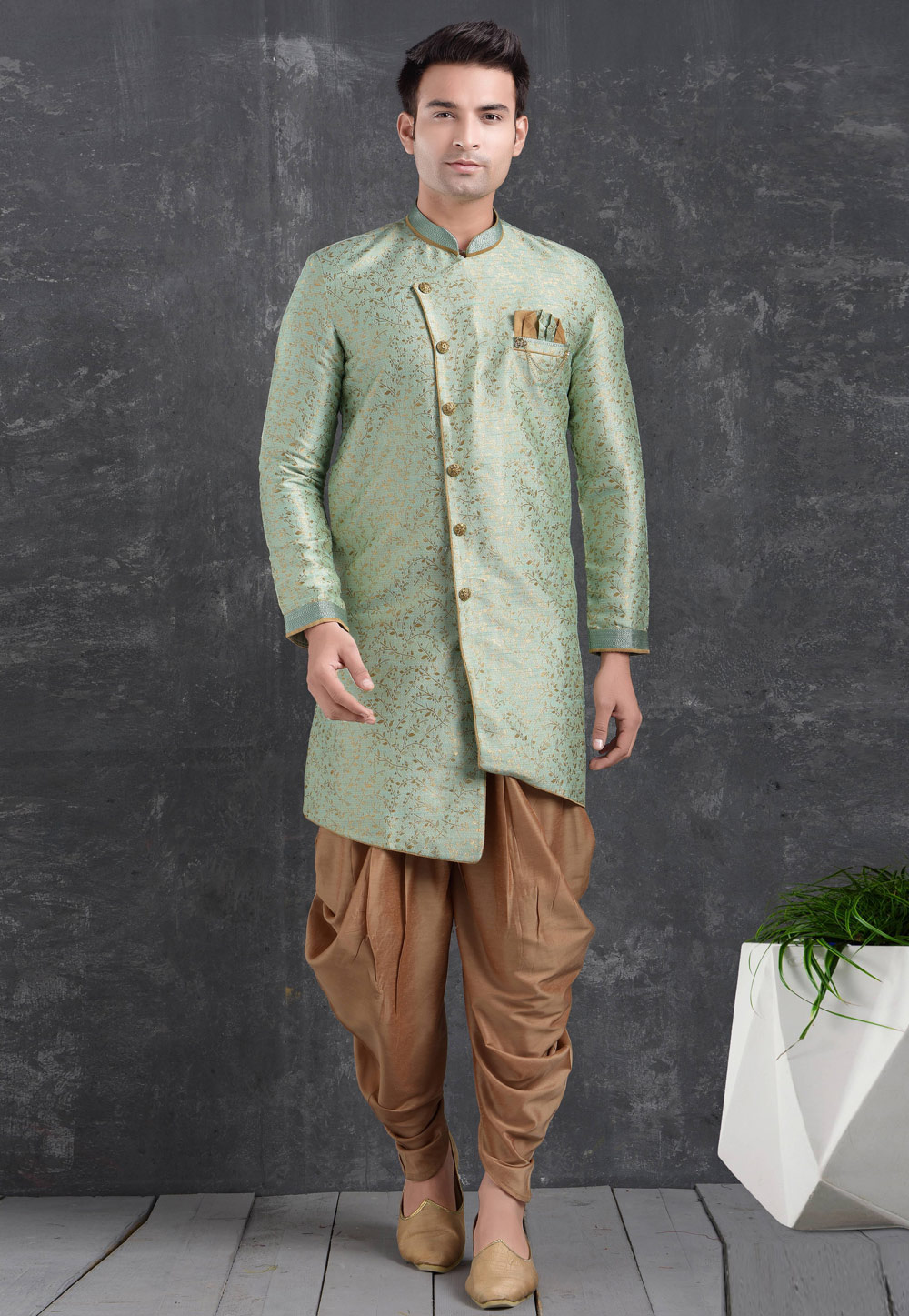 Light Green Jacquard Silk Indo Western Suit 222464