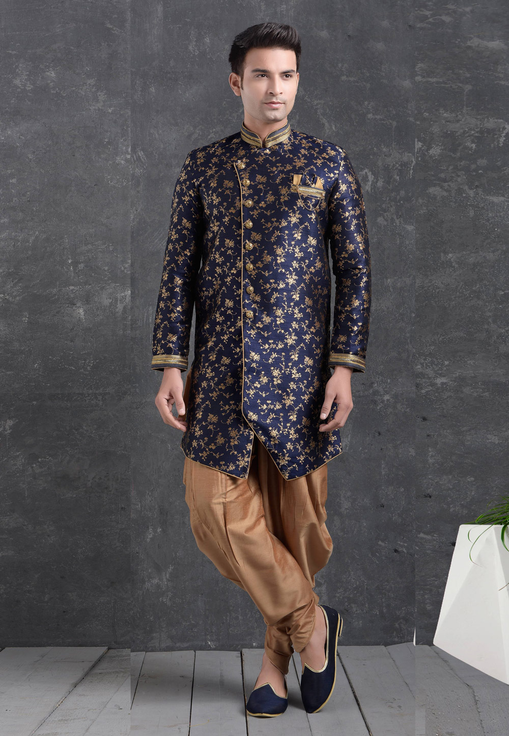 Blue Jacquard Silk Indo Western Suit 222465