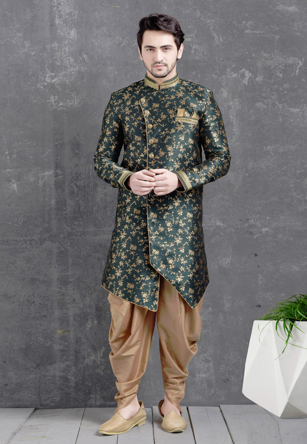 Green Jacquard Silk Indo Western Suit 222466