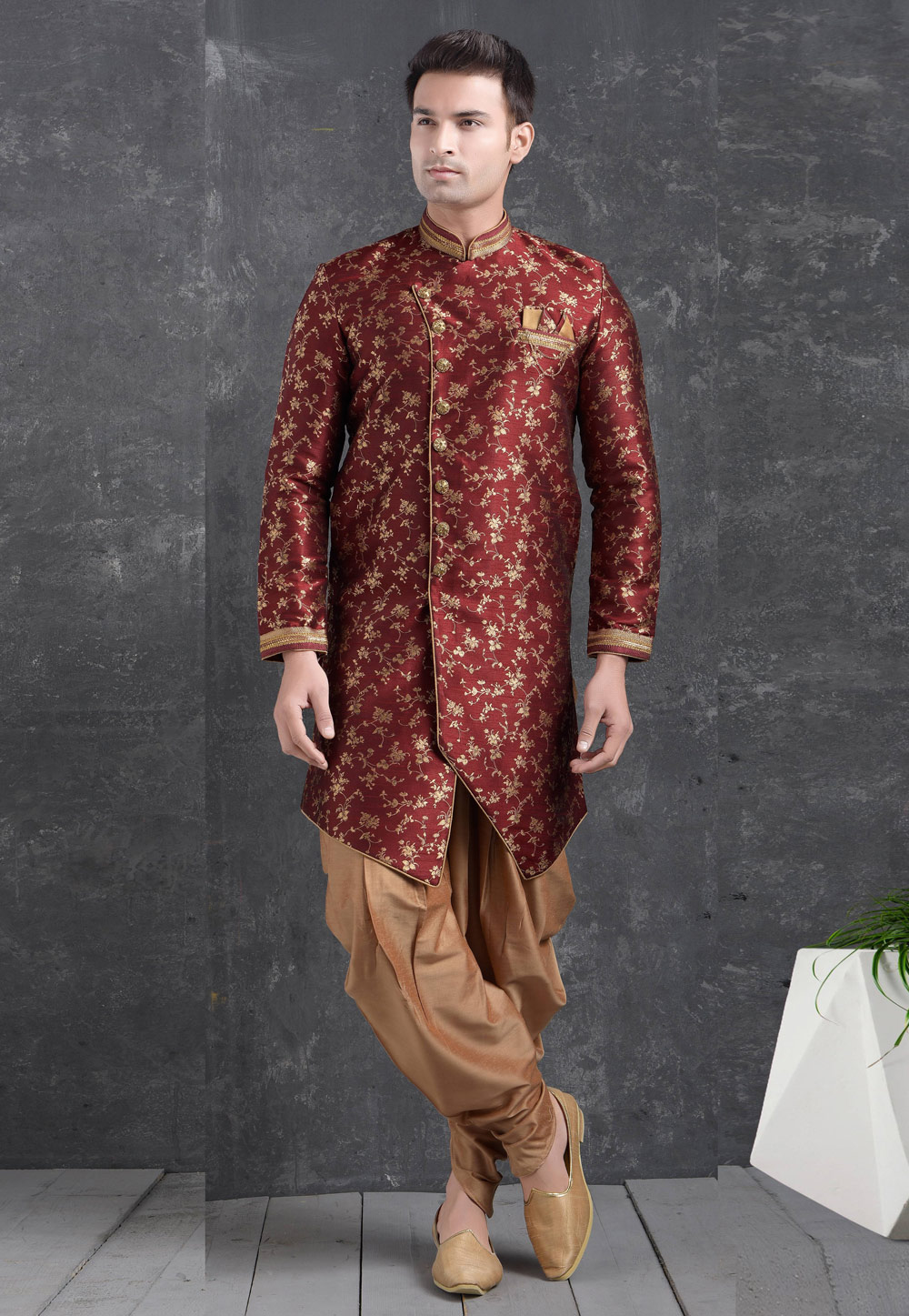 Maroon Jacquard Silk Indo Western Suit 222467