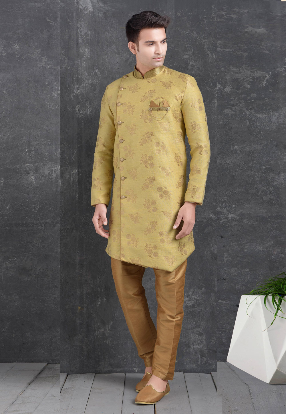 Yellow Jacquard Silk Indo Western Suit 222468