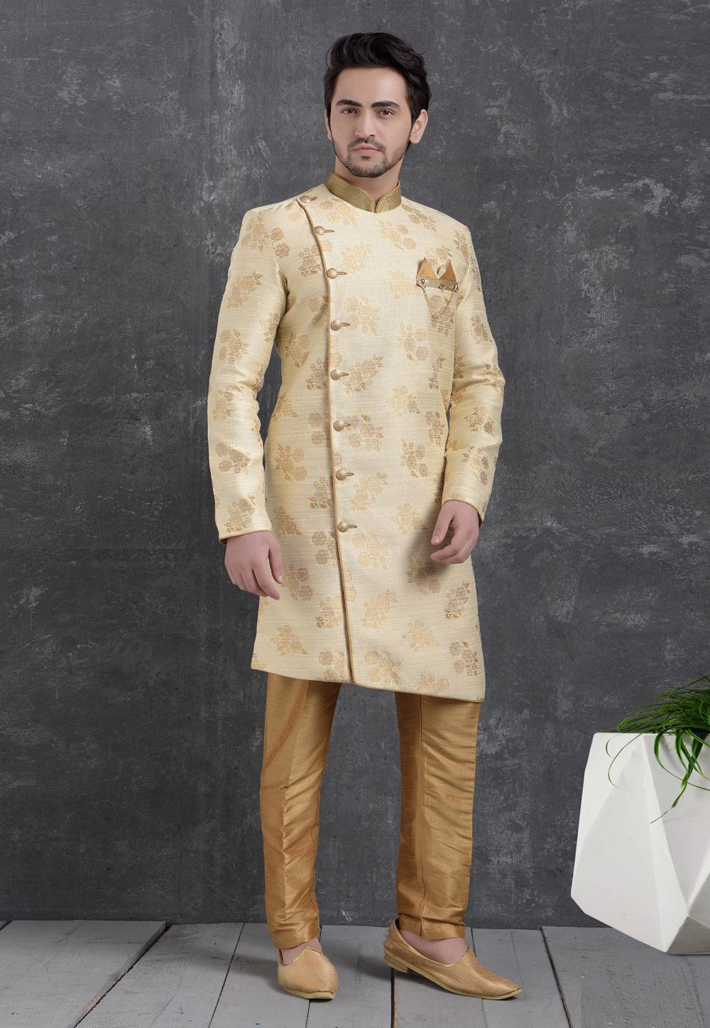 Beige Jacquard Silk Indo Western Suit 222469