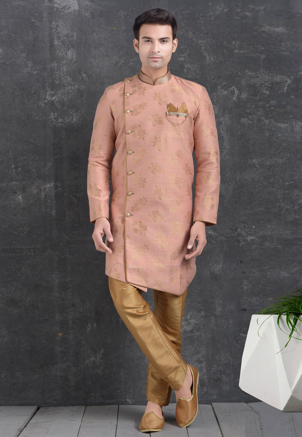 Pink Jacquard Silk Indo Western Suit 222471